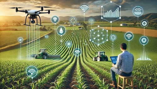 DALL·E 2024-10-23 20.37.49 - An advanced agricultural landscape showing the use of precision agriculture technology